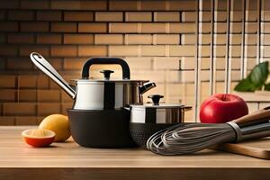 a kitchen with a kettle, whisk, and other utensils. AI-Generated photo