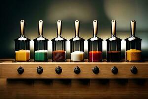 a row of different colored condiments on a shelf. AI-Generated photo