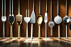 a collection of kitchen utensils hanging on a wall. AI-Generated photo