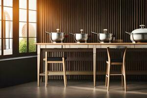 a kitchen with pots and pans on a table. AI-Generated photo