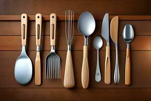 a collection of utensils on a wooden surface. AI-Generated photo