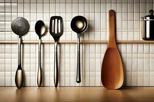 a row of kitchen utensils on a shelf. AI-Generated photo