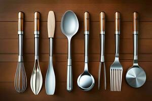 a collection of different utensils on a wooden table. AI-Generated photo