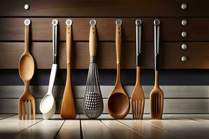 a row of wooden utensils are lined up against a wall. AI-Generated photo