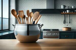 a pot with wooden utensils sitting on a table. AI-Generated photo