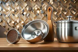 a stainless steel pot, pan and spatula on a wooden table. AI-Generated photo