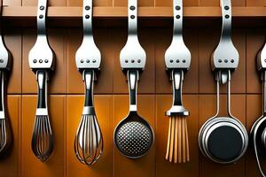 a row of kitchen utensils hanging on a wall. AI-Generated photo