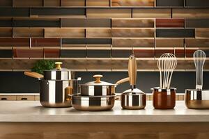 a kitchen with stainless steel pots and pans. AI-Generated photo