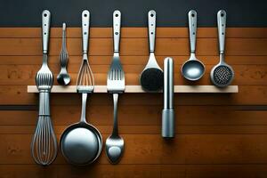 a collection of kitchen utensils on a wooden shelf. AI-Generated photo