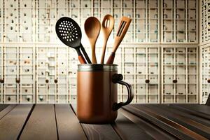 a brown mug with four wooden utensils in it. AI-Generated photo