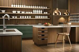 a kitchen with wooden walls and shelves. AI-Generated photo