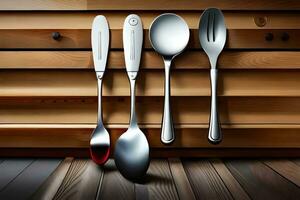 a group of four spoons and forks on a wooden surface. AI-Generated photo