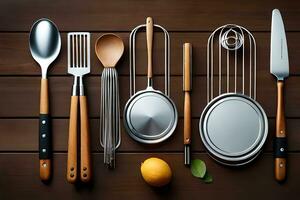 kitchen utensils on wooden table. AI-Generated photo
