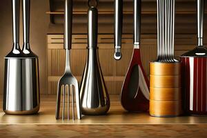 a collection of utensils and spoons on a wooden table. AI-Generated photo