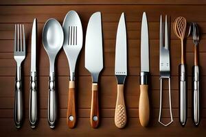 a collection of different types of utensils on a wooden table. AI-Generated photo