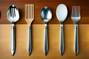 five different types of utensils are shown on a wooden surface. AI-Generated photo