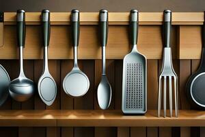 a shelf with many different utensils on it. AI-Generated photo