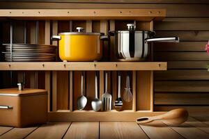 kitchen utensils and pots on wooden shelves. AI-Generated photo