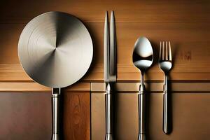 a set of silverware and a knife on a wooden table. AI-Generated photo