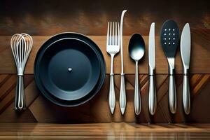 a set of utensils and a plate on a wooden table. AI-Generated photo