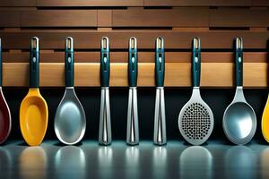 a row of different colored spoons and spatulas. AI-Generated photo