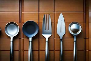 a group of four spoons and forks on a wooden surface. AI-Generated photo