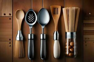 various utensils are arranged on a wooden table. AI-Generated photo