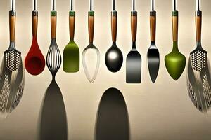 a group of utensils hanging from a hook. AI-Generated photo