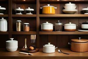 a shelf with many pots and pans on it. AI-Generated photo