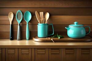 a wooden shelf with teapots, spoons and utensils. AI-Generated photo