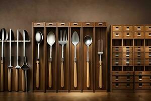 a collection of utensils in a cabinet. AI-Generated photo