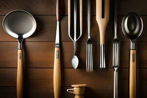 a collection of utensils on a wooden table. AI-Generated photo