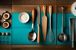 kitchen utensils on a blue countertop. AI-Generated photo