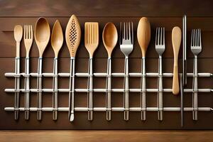 a rack with utensils and forks on it. AI-Generated photo