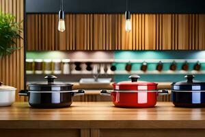 a row of pots and pans on a counter. AI-Generated photo