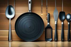 a pan, spatula, and other utensils are arranged on a wooden surface. AI-Generated photo