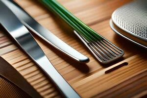 un cuchillo, tenedor y cuchara en un de madera mesa. generado por ai foto