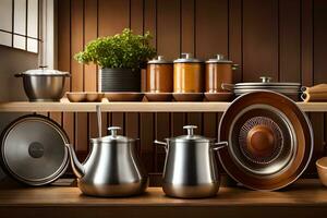 a kitchen with many different pots and pans. AI-Generated photo
