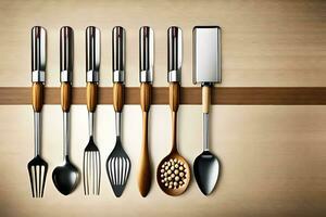 a group of four spoons and forks on a wooden shelf. AI-Generated photo