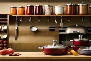 a kitchen with pots and pans on a shelf. AI-Generated photo