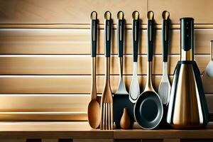 a kitchen with a wooden shelf and a bunch of utensils. AI-Generated photo