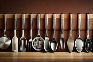 a row of different utensils are lined up on a wooden shelf. AI-Generated photo