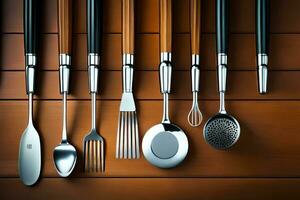 a set of utensils on a wooden table. AI-Generated photo