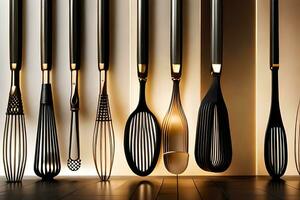 a group of different utensils are lined up against a wall. AI-Generated photo