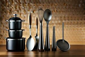 a group of kitchen utensils on a wooden table. AI-Generated photo