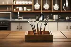 kitchen utensils in wooden box on kitchen counter. AI-Generated photo