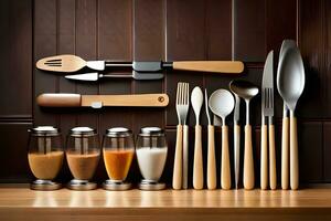 a kitchen utensil set on a wooden counter. AI-Generated photo