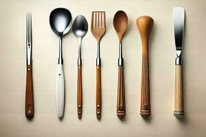 a group of different utensils arranged in a row. AI-Generated photo