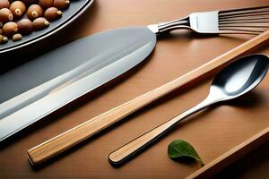 a fork, spoon and knife on a table. AI-Generated photo