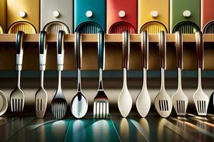 a row of utensils are lined up on a shelf. AI-Generated photo